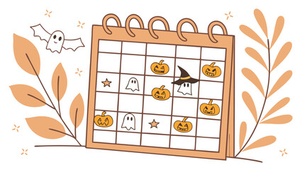 Halloween themed calendar with pumpkins, stars, and ghosts, decorated with autumn leaves and a bat icon
