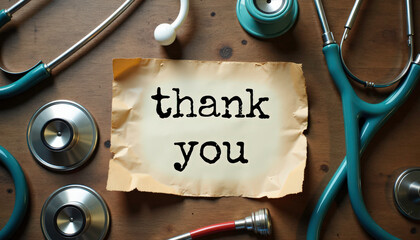 Torn note saying "thank you" surrounded by stethoscopes and medical tools on a wooden table 
