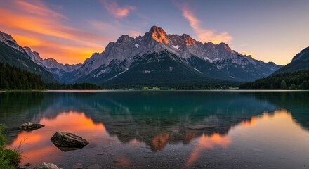 Fototapeta premium Majestic mountain lake sunset reflection