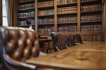 Ornate library interior with wooden bookshelves, chairs, and table