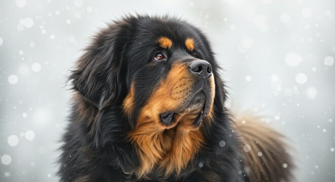 Majestic Tibetan Mastiff portrait in winter with soft falling snow background