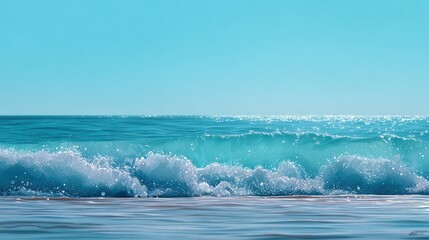 Fototapeta premium Beautiful seascape with clear turquoise water gentle waves crashing onto sandy shore under bright blue sky du daytime