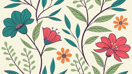 Colorful floral pattern featuring vibrant flowers and lush greenery.