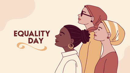 Three diverse women stand side by side, showcasing unity and strength on Equality Day, with a warm and harmonious color palette.