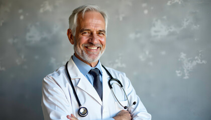 Smiling senior male doctor in a white coat with a stethoscope against a neutral background 
