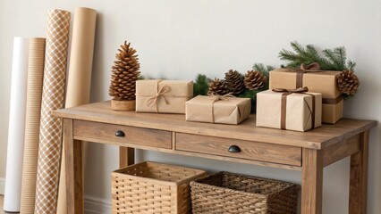 Rustic Gift Wrapping Station with Neutral Tones and Seasonal Accents