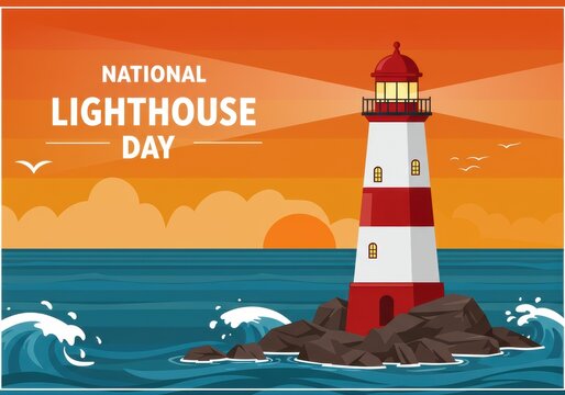 National Lighthouse Day background concept with a majestic lighthouse shining brightly at sunset over the calm open ocean. Illustration for poster, card or post with empty space for text. August 7. - Powered by Adobe