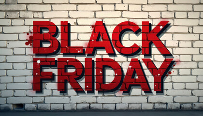 Bold Black Friday text painted on a brick wall with a distressed red finish 
