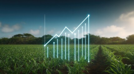 Vibrant green farmland with lush crops extending toward a cloudy sky, overlaid with glowing digital growth chart representing agriculture analytics