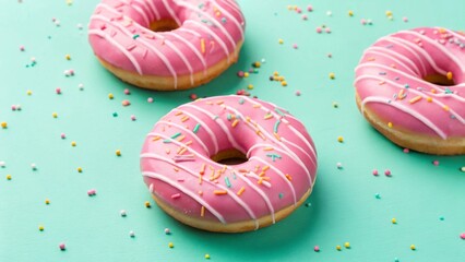 The image is of a donut with a pink glaze on top. the glaze is drizzled with chocolate drizzle and sprinkled with small pieces of chocolate shavings.