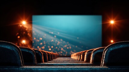 Wide shot of an empty movie theater torium with plush blue seats and large screen showing abstract light bokeh effects in a dark environment