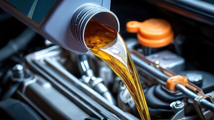Clear golden engine oil being poured from a metal container into a car engine with visible mechanical parts and orange accents