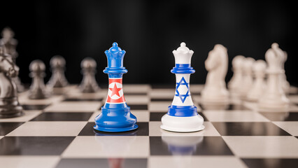 Geopolitical Strategy Concept: North Korea and Israel Represented as Opposing Queens via Their Flags on a Chessboard