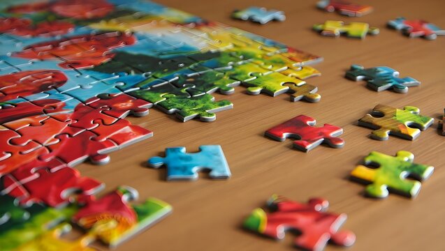 Colorful Jigsaw Puzzle Pieces Scattered on Wooden Table:  Abstract, Close-Up, Problem-Solving Concept - Powered by Adobe