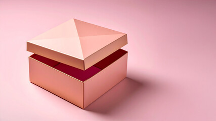A chic, open pink gift box with a geometric, faceted lid, casting a soft shadow on a matching pink background, perfect for presentations or luxury branding.