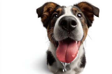 Playful smiling dog with tongue out and expressive eyes, close-up portrait of a happy energetic pet facing camera on white background