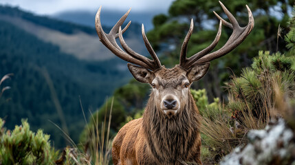 Majestic red deer stag with big antlers in the mountains