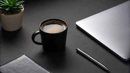 a modern dark themed flat lay photo of a sleek work