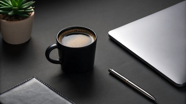 a modern dark themed flat lay photo of a sleek work