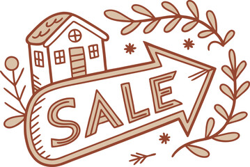 Fototapeta premium Illustration of a house with windows and door next to a sale arrow sign surrounded by floral decorations