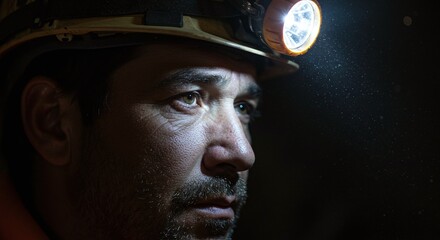 Male Miner Wearing Helmet with Headlamp in Dark Underground Tunnel