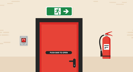 A red fire exit door with a green exit sign and a fire extinguisher on the wall ensures safety and emergency preparedness, isolated on a neutral background