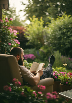 Relaxed reader enjoying a garden