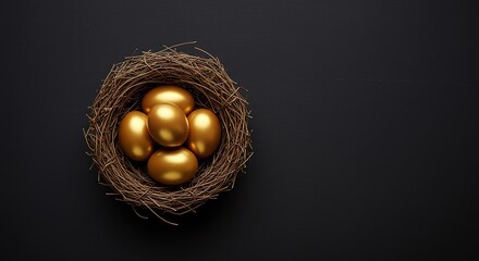 Golden eggs in nest on dark background