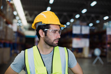 Portrait of warehouse staff in hard hat and vest standing confidently. Industrial setting highlights reliability, workforce, and manual operations.
