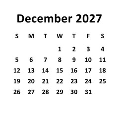 December 2027. monthly calendar design. week starts on Sunday. printable, editable, simple, and clean vector design isolated on white background.