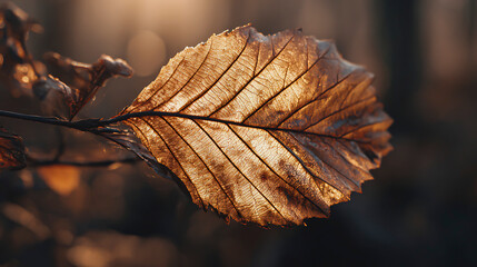 Golden autumn leaf glows, its intricate veins highlighted by the light of the late afternoon sun in a tranquil forest scene.