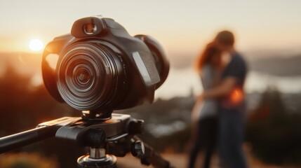 Professional DSLR Camera Mounted on Tripod captu sunset outdoor scene with blurred couple background du romantic evening by the water