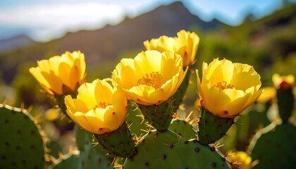 Bright yellow cactus blossoms in sunlight