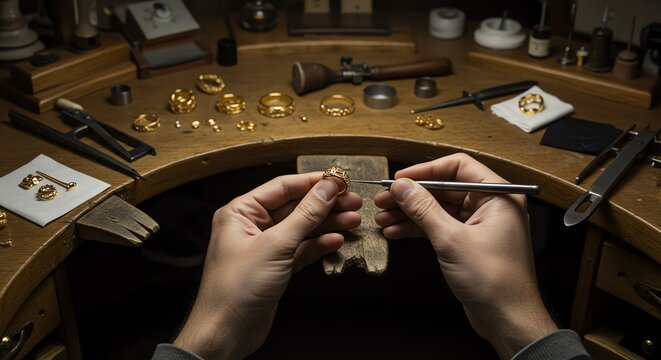 Jeweler working on gold ring with tools on workbench