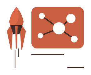 Rocket blasting off alongside a network diagram with nodes and links, highlighting concepts of growth, technology, and exploration. Ideal for innovation, startup, progress, connectivity, teamwork