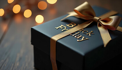 A beautifully wrapped gift box labeled Black Friday with decorative bow in soft lighting 
