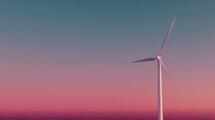 Stunning sunset sky with a single wind turbine silhouette against a colorful vibrant horizon du dawn or dusk with peaceful nature scene