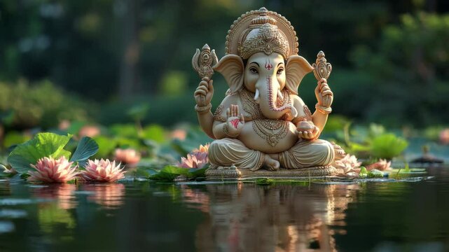 A serene statue of Lord Ganesha sits amidst blooming lotus flowers on a tranquil water surface. Hindu cultural significance and spirituality, festival of Ganesh Chaturthi
