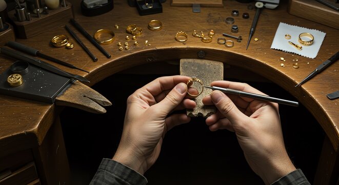 Jeweler working on ring with tools and materials on workbench - Powered by Adobe