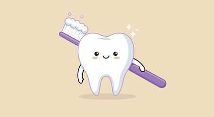 A happy cartoon tooth character holds a toothbrush with toothpaste, promoting dental care and oral hygiene, isolated on a neutral background