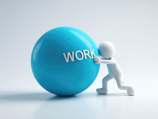 Minimalist 3D figure pushing giant blue ball labeled WORK