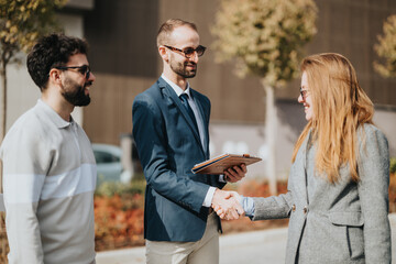 A professional meeting outdoors between colleagues as they discuss business opportunities and...