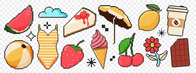 8 bit summer icon set. Pixel art object. Old school vintage game graphics. Watermelon, cloud, cheesecake, beach umbrella, ball, swimsuit.