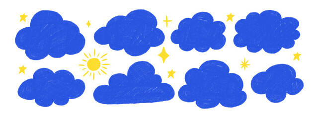 Hand drawn pastel pencil blue clouds set with yellow stars, sun. Cute crayon doodle sky elements in kids style. Vector illustration on white background.