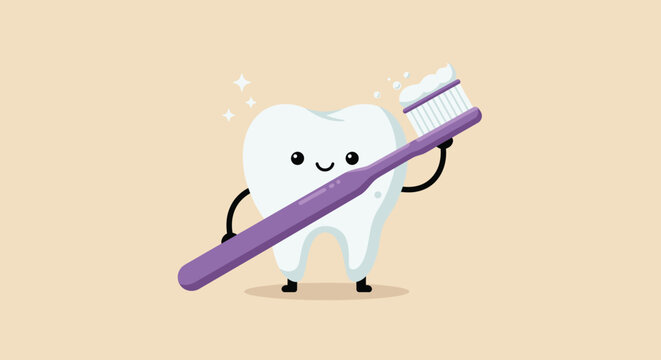 A happy cartoon tooth character holds a toothbrush with toothpaste, promoting dental care and oral hygiene, isolated on a neutral background