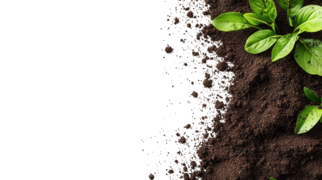 Soil pile with sprouting plant on transparent background