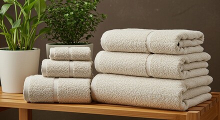 Stack of Clean White Towels on Wooden Table with Green Potted Plants in Background