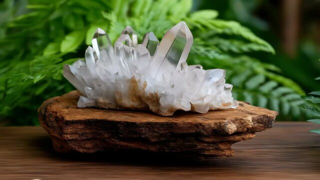A clear quartz cluster sits upon a piece of wood, embodying both crystal energy and natural beauty. The crystal's points showcase the mineral's structure.