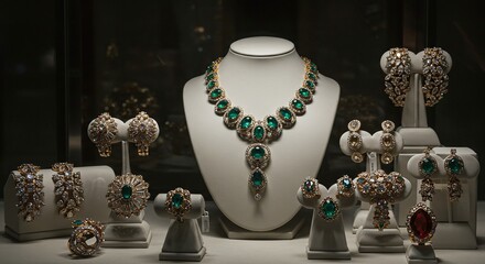 Elegant Jewelry Display Featuring Green Gemstone Necklace and Matching Earrings in Showcase