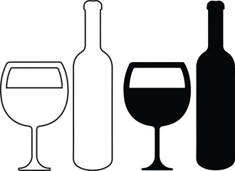 bottle, wine bottle, glass, wine glass, silhouette, minimalist, black and white, vector illustration